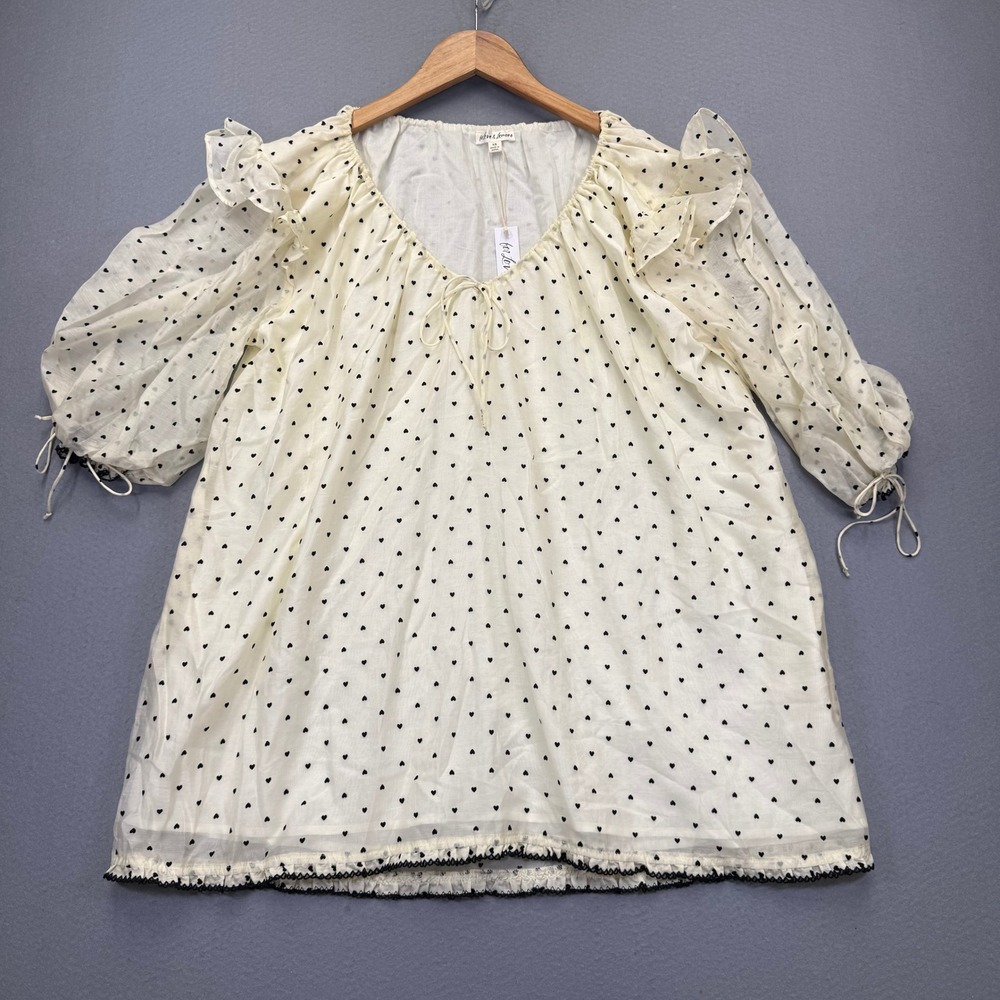 For Love & Lemons Eden Mini Dress Ivory Black Heart Print Puff Sleeve‎ XS NEW